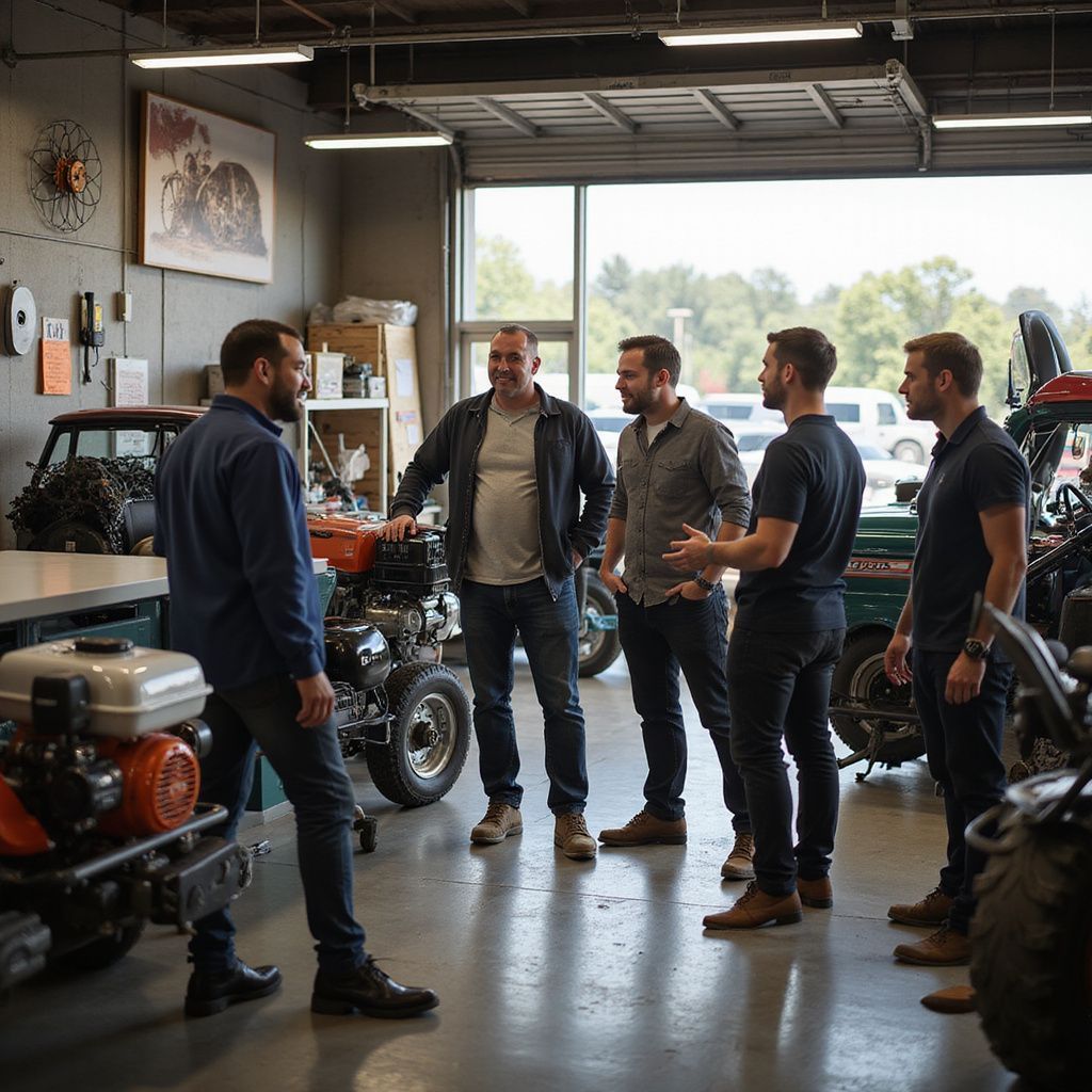 Dealership colleagues gathering around outdoor power equipment.