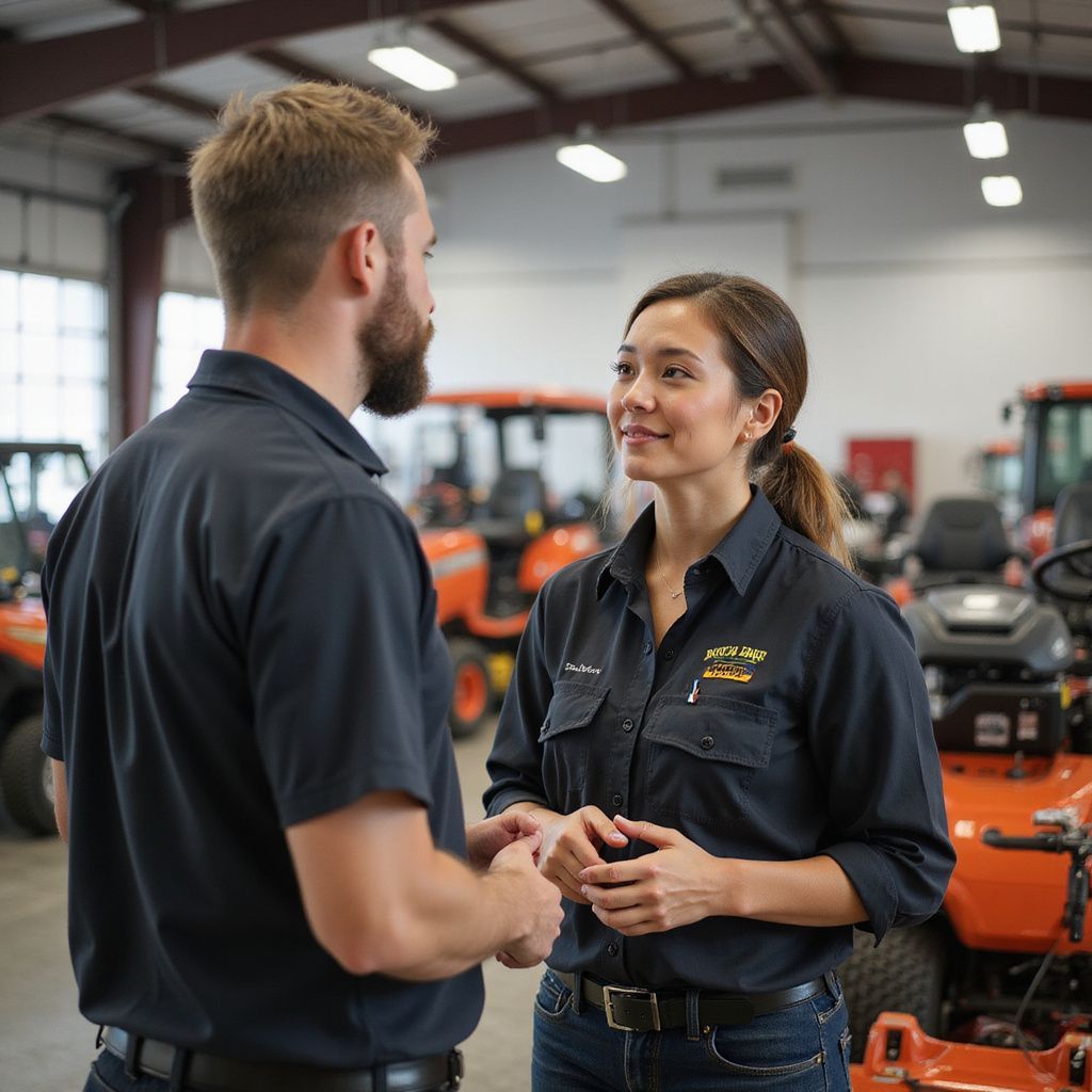 Two colleagues talking in an equipment dealership.