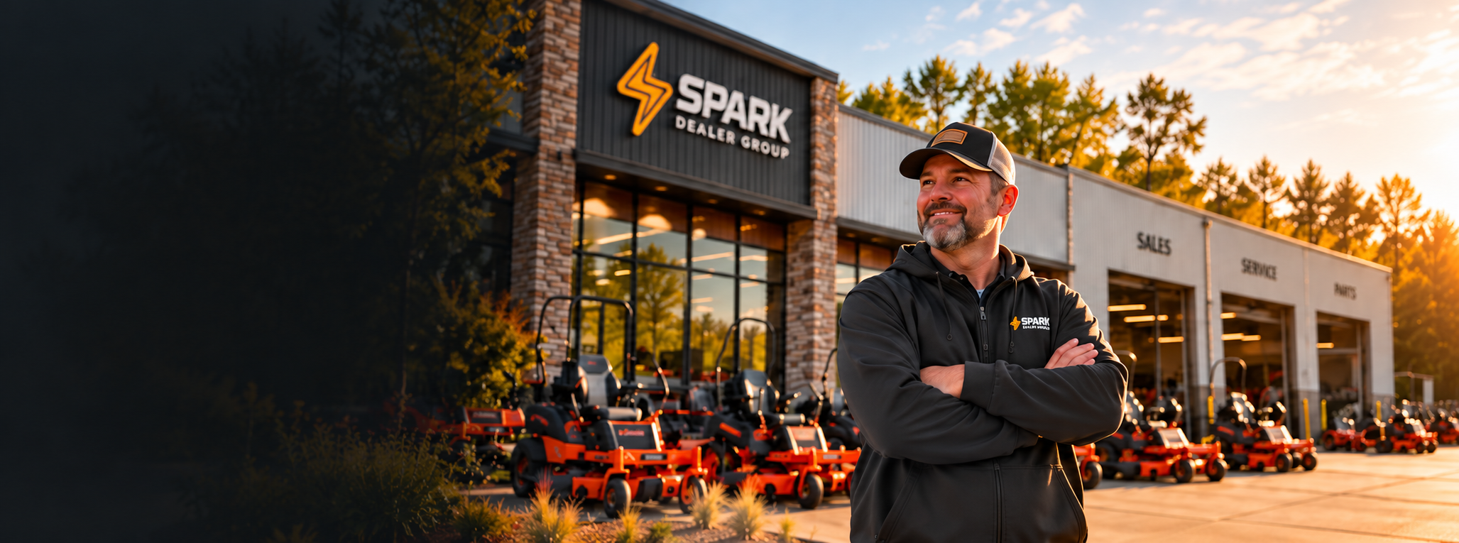Illustrative dealership exterior with an operator standing beside outdoor power equipment.